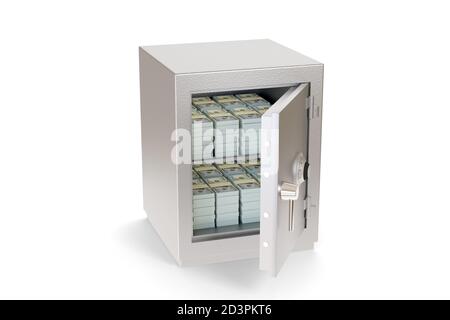 Open safe box full of wad of 100 dollar bills isolated on a white background. 3d illustration. Stock Photo