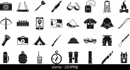 Africa safari equipment icons set. Simple set of africa safari equipment vector icons for web design on white background Stock Vector