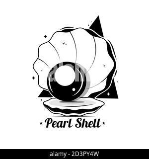 The black silhouette of an open shell with pearls. flat-style Stock Vector