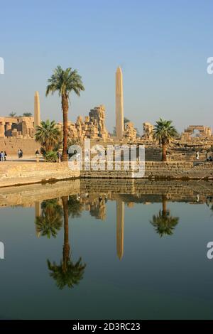 The Temple of Karnak is the second largest temple in ancient Egypt and an old religious center. It is located on the banks of the Nile in Luxor. Stock Photo