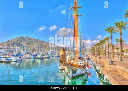 Cartagena Spain with ships and boats in bright vivid colours Stock Photo