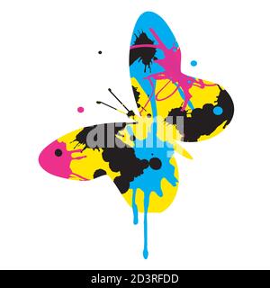 Butterfly with CMYK print colors. Silhouette with colorful splatters . Concept for presenting color printing. Vector available. Stock Vector