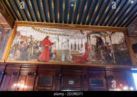 The Arthurian Round Table and the fable of the Seat Perilous Abbey Room, McKim Building, Copley Square, Boston Public Library, Boston, Massachusetts Stock Photo