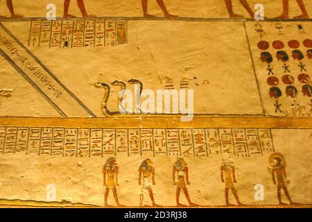 Painted ancient murals inside of Tomb of Ramses IV, in the Valley of the Kings Stock Photo