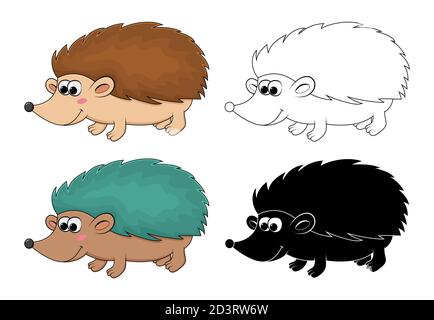 Hedgehog vector collection with outline and silhouette design. Set of autumnal happy pet illustration isolated on white. Young mammal with sharp spike Stock Vector