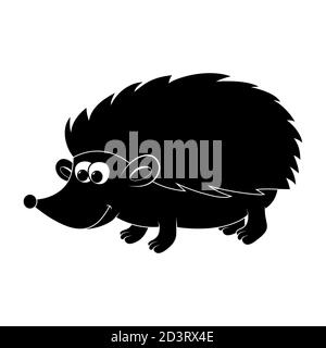 Hedgehog silhouette. Black and white autumnal shape for kids isolated on white. cartoon happy pet illustration. Funny mammal mascot with sharp spikes. Stock Vector