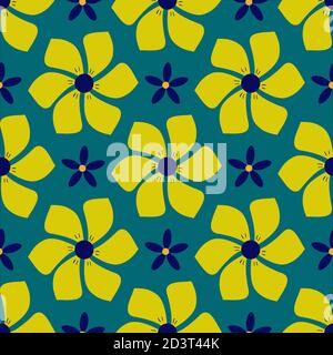 Floral pattern with yellow and blue exotic fantasy flowers on a green background. Illustration. Stock Photo