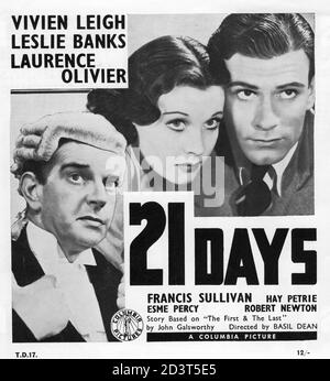 VIVIEN LEIGH LAURENCE OLIVIER and LESLIE BANKS in 21 DAYS aka TWENTY ONE DAYS TOGETHER aka THE FIRST AND THE LAST 1937 released 1940 director BASIL DEAN novel JOHN GALSWORTHY scenario Basil Dean and Graham Greene producer Alexander Korda London Film Productions / Columbia Pictures Stock Photo