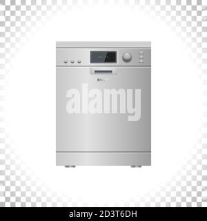 Smart dishwashing machine isolated on transparent background. Smart home appliance concept. Front view. Digital display. Silver color. Element for interior designs. Vector illustration. Stock Vector