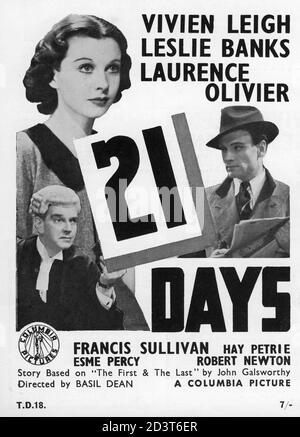 VIVIEN LEIGH LAURENCE OLIVIER and LESLIE BANKS in 21 DAYS aka TWENTY ONE DAYS TOGETHER aka THE FIRST AND THE LAST 1937 released 1940 director BASIL DEAN novel JOHN GALSWORTHY scenario Basil Dean and Graham Greene producer Alexander Korda London Film Productions / Columbia Pictures Stock Photo
