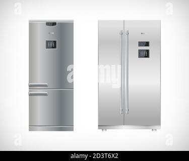 Set of kitchen electrical appliances. Silver refrigerator, freezer, fridge. Simple model and double door. Digital display and keypad panel. Household tech elements. Vector illustration. Stock Vector