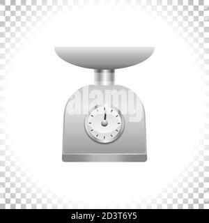 Silver weight scale on transparent background. Weighing scales with pan and dial for weight measurement. Kitchen utensil or measuring instrument. Element for interior design. Vector illustration. Stock Vector
