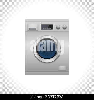Vector illustration. Smart washing-machine with front-loading clothes isolated on transparent background. Home appliance concept. Front view. Digital display. Silver color. Stock Vector