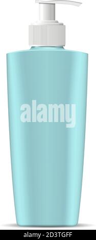 Cosmetic bottle with pump dispenser lid in marine blue green color. Cosmetic container for next products: cream, moisturizer, shampoo, mask, soap and Stock Vector