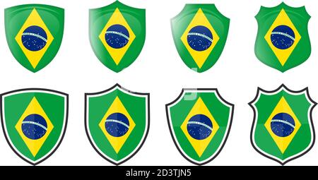 Vertical Brazilian flag in shield shape, four 3d and simple versions. Brazil icon / sign Stock Vector