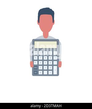 Businessman or clerk holds a calculator. Male character in trendy simple style with objects, flat vector illustration. Business concept. Isolated on Stock Vector