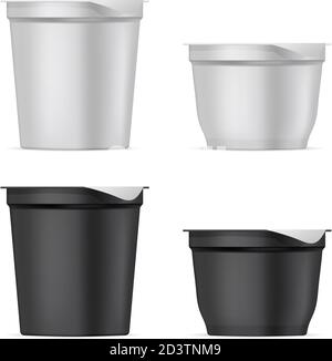 Round silver white and black matte plastic or paper pots set with foil cover for yogurt, cream, dessert or jam. Realistic packaging mockup template. V Stock Vector
