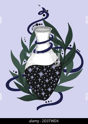 Hand drawn magic bottle. Vial with flower. Gothic style. Vector illustration isolated. Tattoo design, magic symbol for your use. Stock Vector