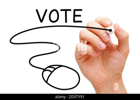 Hand drawing computer mouse under the word Vote with black marker on transparent wipe board. Online, internet, electronic elections voting or e-voting Stock Photo