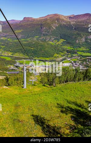 Ski lift panorama Norway, Hemsedal Skicenter with Mountains in Hemsedalis, Viken. Stock Photo