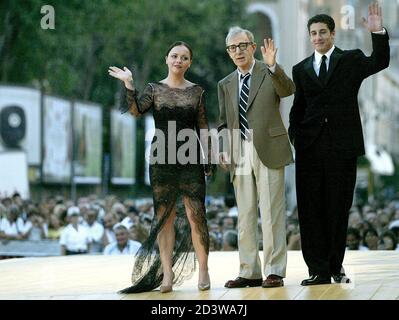 U.S. director Woody Allen (C) and U.S. actors Christina Ricci and Jason Biggs arrive at the Venice Movie Palace August 27, 2003. Allen film 'Anything Else' is set to kick off the 60th annual Venice Film Festival.