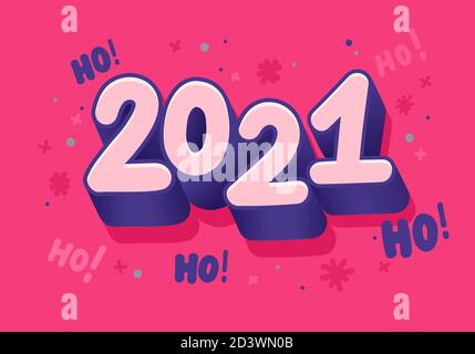 New Year 2020 vector greeting card template. Trendy retro font number on red background. Decorative childish hand drawn fir trees doodles. Stock Vector