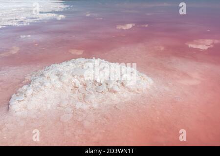 Salt pink crystals bunch close-up shining in pink water surface with mirror reflection. Spa travel recreation Stock Photo