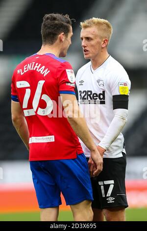 Derby County's Louie Sibley and Blackburn Rovers' Darragh Lenihan exchange words during the Sky Bet Championship match at Pride Park, Derby. Stock Photo