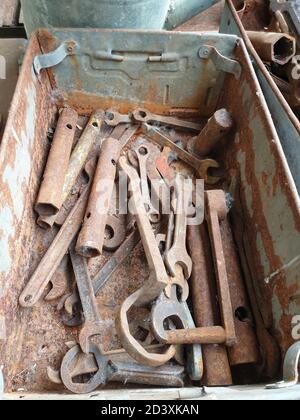 Rusty Tools in metal box, Bromsgrove Worcester, Worcestershire.  England, UK,United Kingdom, 07/09/2020 Old rusting spanners and tools lay in a metal Stock Photo