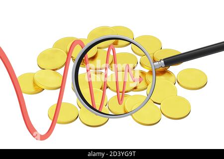 gold coins are scattered on a plane, curved red arrow and magnifier, isolated on a white background, finance, economics analysis concept, 3d render Stock Photo