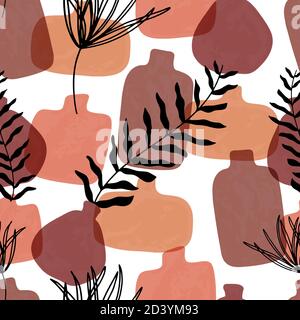Seamless pattern with abstract hand drawn terracotta vases in pastel colors and branch on beige backgroud. Abstract geometrical design for textile, wr Stock Vector