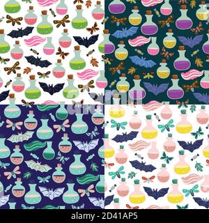 Cute vector seamless patterns with Halloween witch crafts. Cartoon doodle illustration Stock Vector