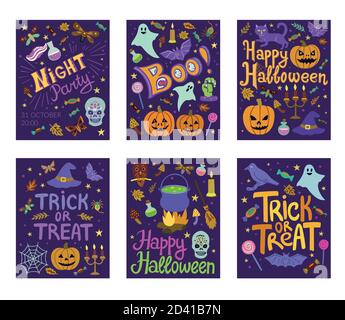 Set of 6 vector cute cartoon Halloween banners. Stock Vector