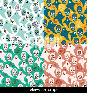 Cute vector seamless patterns with Halloween pumpkins. Cartoon doodle illustration  Stock Vector