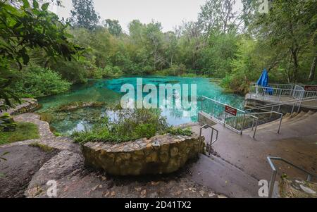 FORT WHITE, FLORIDA, UNITED STATES - Oct 21, 2018: A naturally blue freshwater spring where visitors are welcome to swim at Ichetucknee Springs State Stock Photo