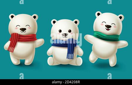 Winter bears character vector set. Teddy bear or polar bear 3d cartoon characters collection wearing scarf for winter season design in blue background Stock Vector