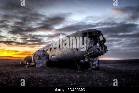 VIK, ICELAND - Dec 11, 2018: The wreckage of a United States Naval DC-3 airplane sits on Solheimasandur Beach and is a popular hiking destination for Stock Photo