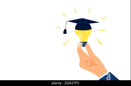 Vector of a woman hand holding bright light bulb with graduation cap Stock Vector