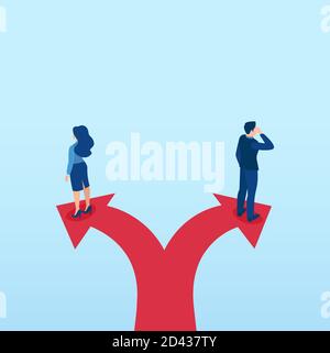 Vector of businessman and businesswoman walking in opposite directions standing on arrow signs Stock Vector
