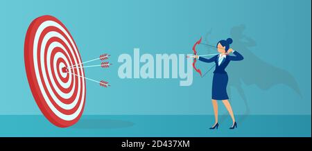 Vector of a businesswoman with super hero shadow and archer aiming at target and shooting with arrow Stock Vector