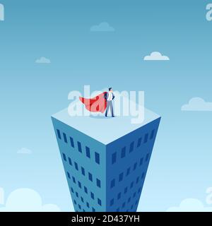 Vector of a businessman in red cape on top of the tall city building Stock Vector