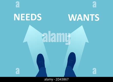 Vector of a businessman making a choice between his needs and wants Stock Vector