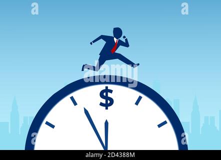 Time is money concept. Vector of a businessman running on the clock Stock Vector