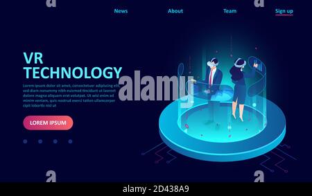 Vector of a man and woman wearing goggle VR headset interacting with touch interface Stock Vector