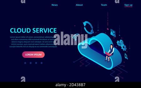 Vector of a woman working on laptop computer using cloud service Stock Vector