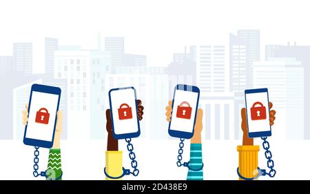 Internet addiction and cellphone addiction concept. Vector of children hands chained to smartphones Stock Vector