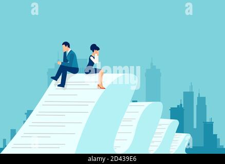 Vector of a sad business man and woman sitting on a very long contract document feeling desperate Stock Vector