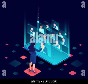 Vector of a businesswoman having a conference online call with her business team using modern technology Stock Vector