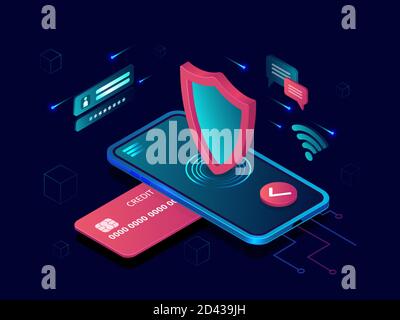 Mobile payment security concept. Vector of a smartphone and credit card, Internet secure bank transaction Stock Vector