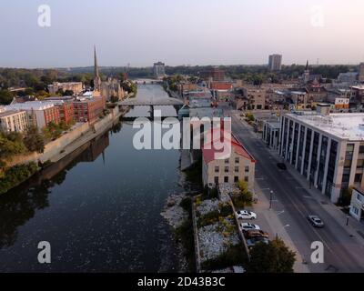 CAMBRIDGE, CANADA - Sep 22, 2020: Aerial and ground shot over the downtown area of Galt and the Grand River in the the City of Cambridge Stock Photo